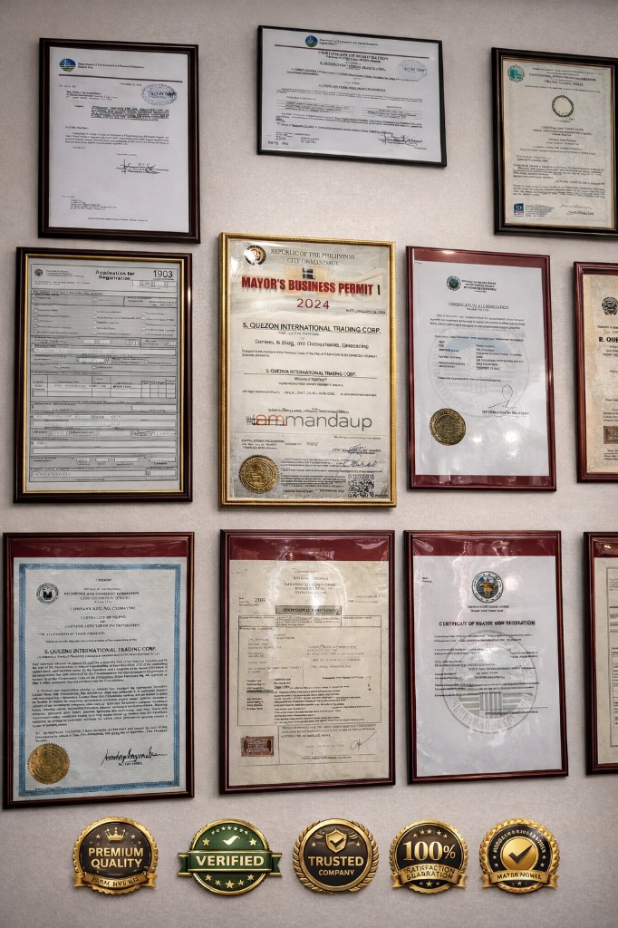 Business certifications, permits, and quality badges — Mayor's Business Permit, Certificates of Registration, Premium Quality, Verified, Trusted Company, 100% Satisfaction Guaranteed